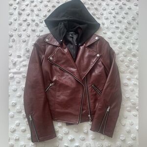 Forever 21 Burgundy Leather Jacket with Black Hood